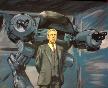 a scene from robocop, hand painted onto canvas